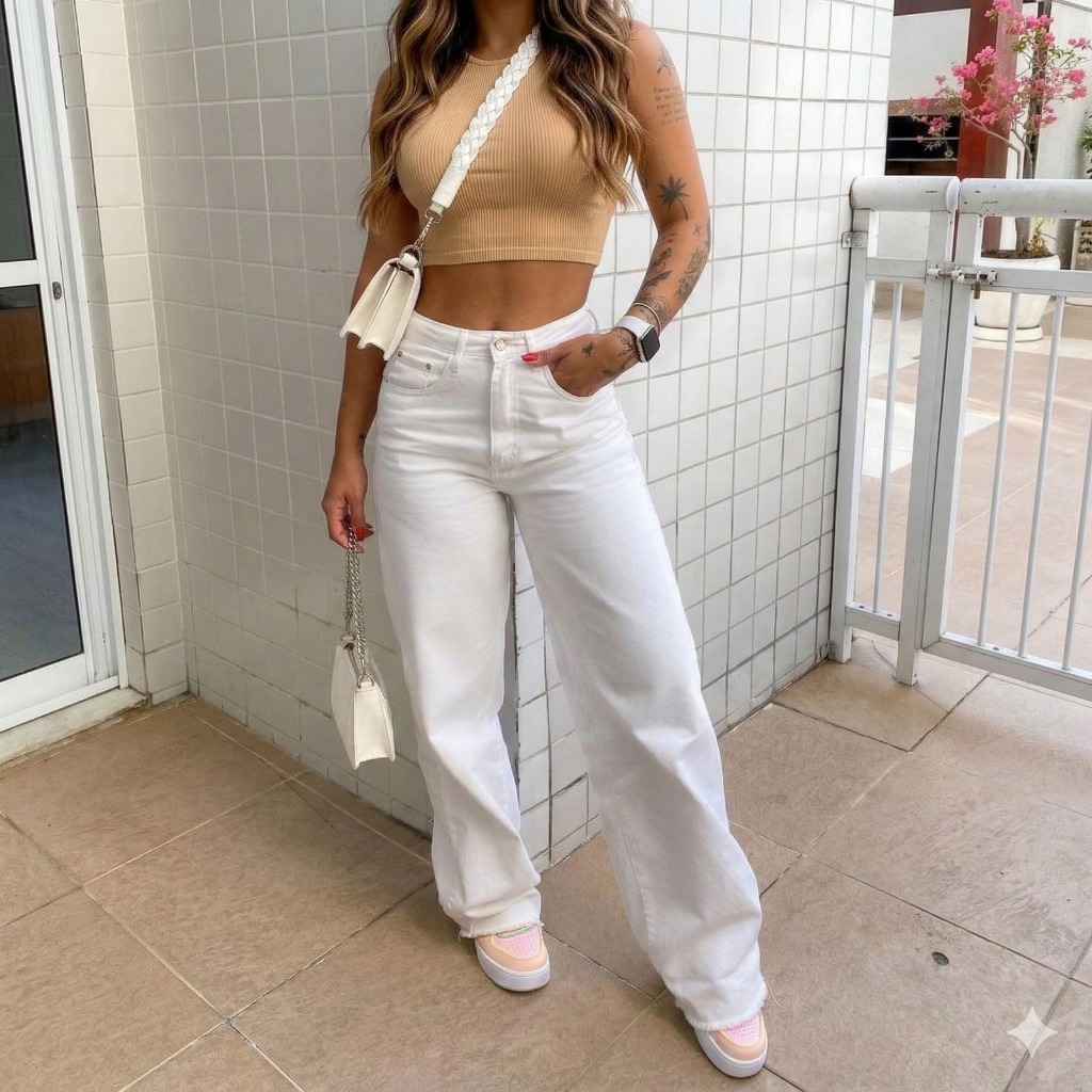 Calça jeans Wide leg Branca Cintura Alta em Oferta na Shopee