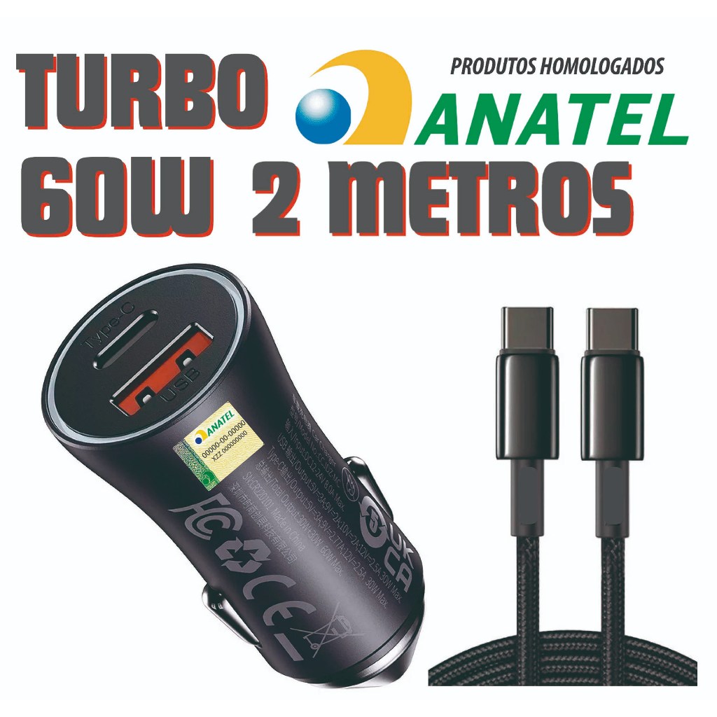 FONTE Turbo  60W CARRO AUTOMOTIVO + CABO PD-TIPOC IPHONE 15 16 17 MOTO G X Y Z Veicular