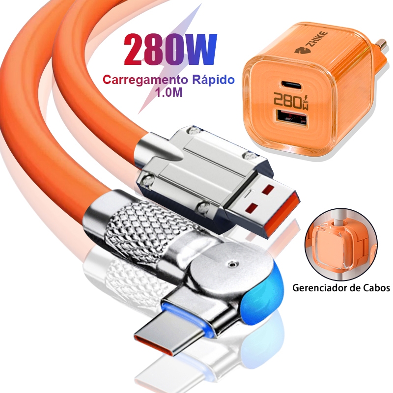 Kit Cabo Carregador Carregamento Rápido Tipo C V8 LED Rotativo 180° Para Samsung Xiaomi Com GaN Adaptador e Organizador