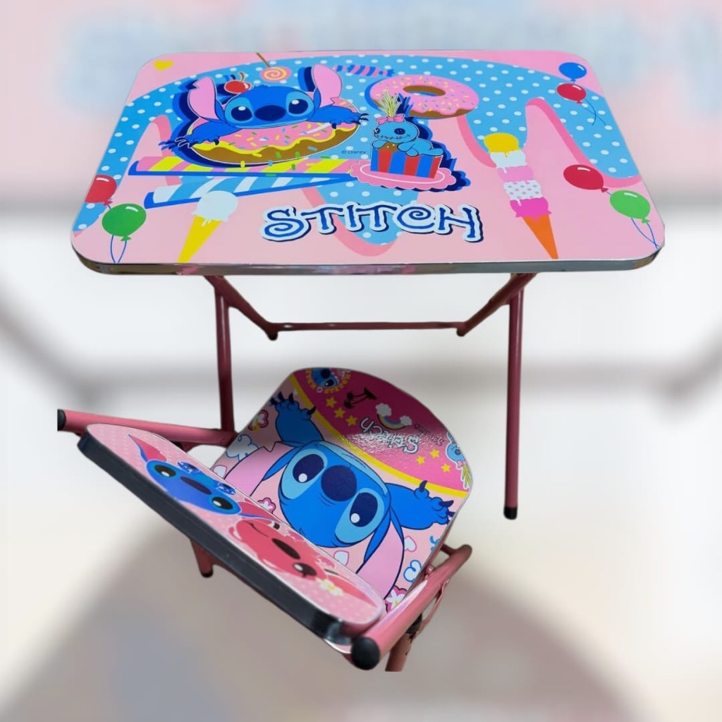 Mesa Infantil com Cadeira Dobrável Personagem Stitch Rosa/azul – Mesa Escolar/atividades Infantil