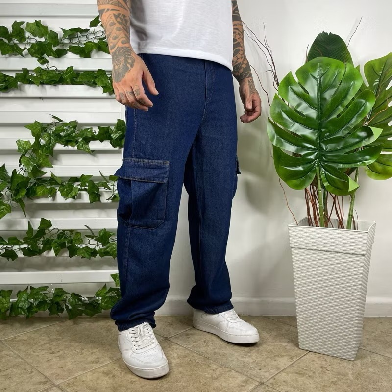 Calça Masculina Cargo Jeans Saja Escura Claro Elástico Cordão Skatista