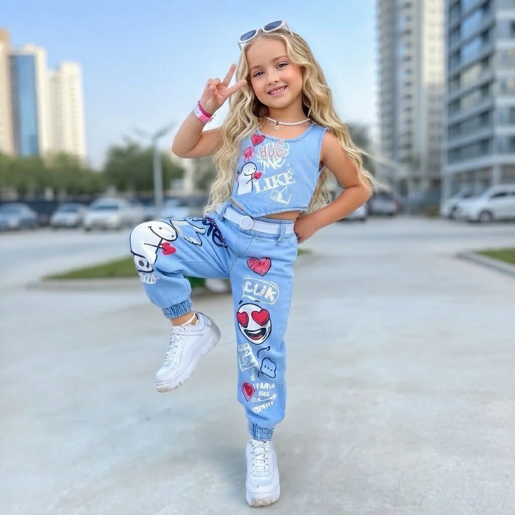 Conjunto Infantil Jeans Menina Top Cropped, Calça Jogueer + Cinto Blogueirinha Fashion Estilosa Luxo
