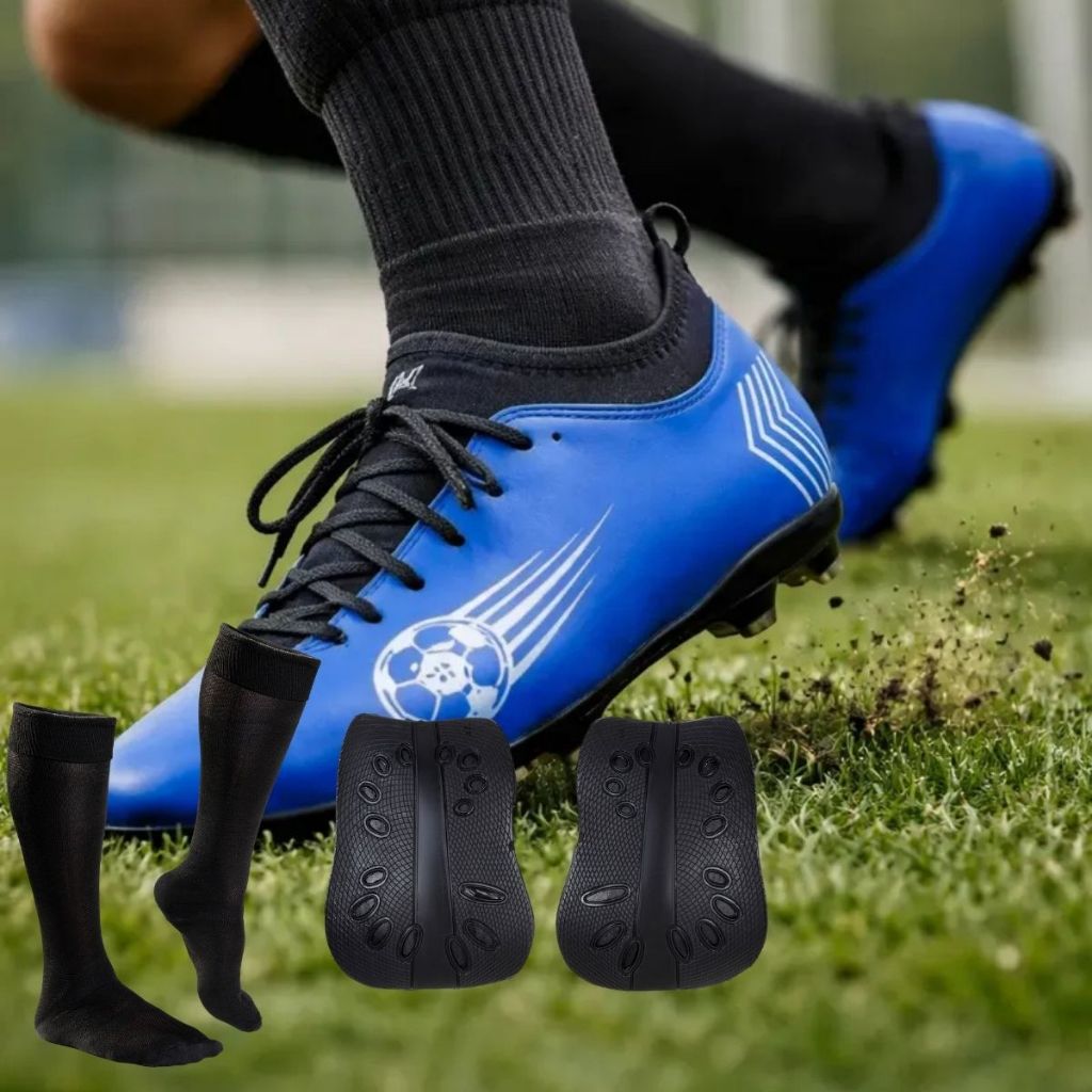 Chuteira Campo Adulto Meia Trava Botinha Treino Jogo + Caneleira Meião Resistente Conforto