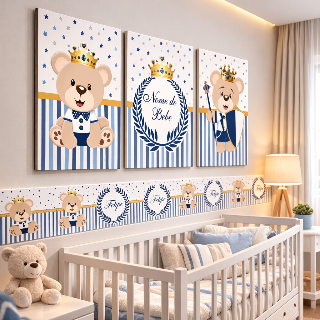 Kit Quadros Decorativos + 3 Faixas Adesivas de Parede Urso Principe Personalizado Nome Infantil Menino