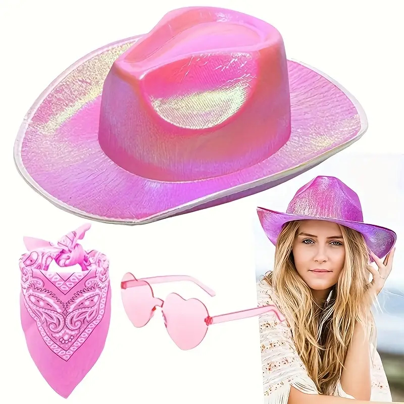 CONJ 3 PÇ COM CHAPÉU BOIADEIRA ROSA  NEON de brim neon arco-íris - Chapéu de brim feminino metálico holográfico