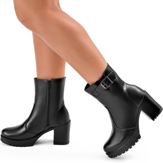 Bota Feminina Lumiss Cano Curto Fivela Salto Bloco Tratorada Confortável Preto em Oferta na Shopee