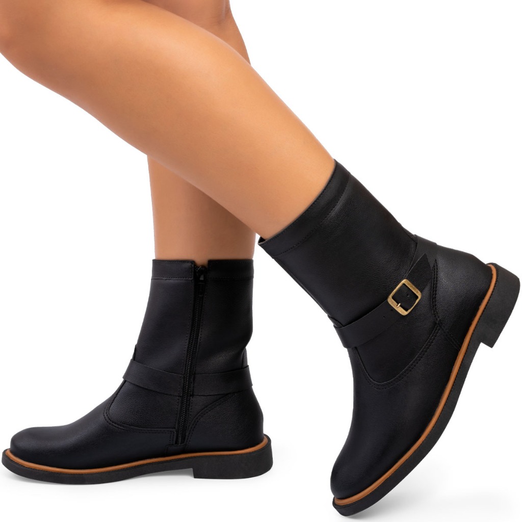 Bota Feminina Lumiss Montaria Cano Curto Salto Baixo Biker Preto