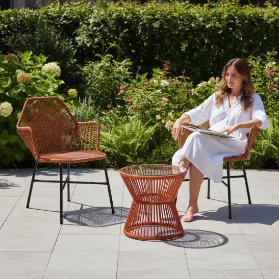 2 Cadeira Tropicália + Mesa Centro Ampulheta Tampo de Vidro Conjunto Varanda Jardim Estilo Boho Externo
