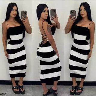 Vestido Feminino Midi em Tricô e Amarração Alta Elasticidade Listras Veste 38 ao 44 em Oferta na Shopee