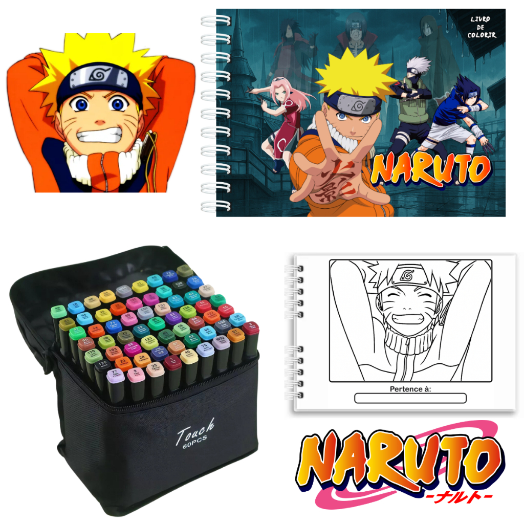 Kit Livro De Colorir Naruto + Canetas Marcador Permanente Ponta Dupla 60 Cores Capa Dura 50P 180g A5