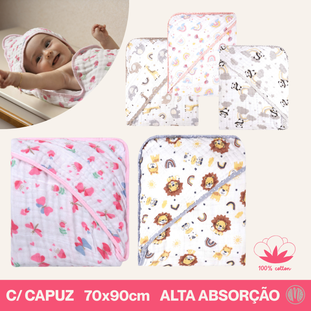 Toalha de Banho Bebê Infantil 70cm x 90cm Soft Dupla Camada C/ Capuz Bublim Incomfral