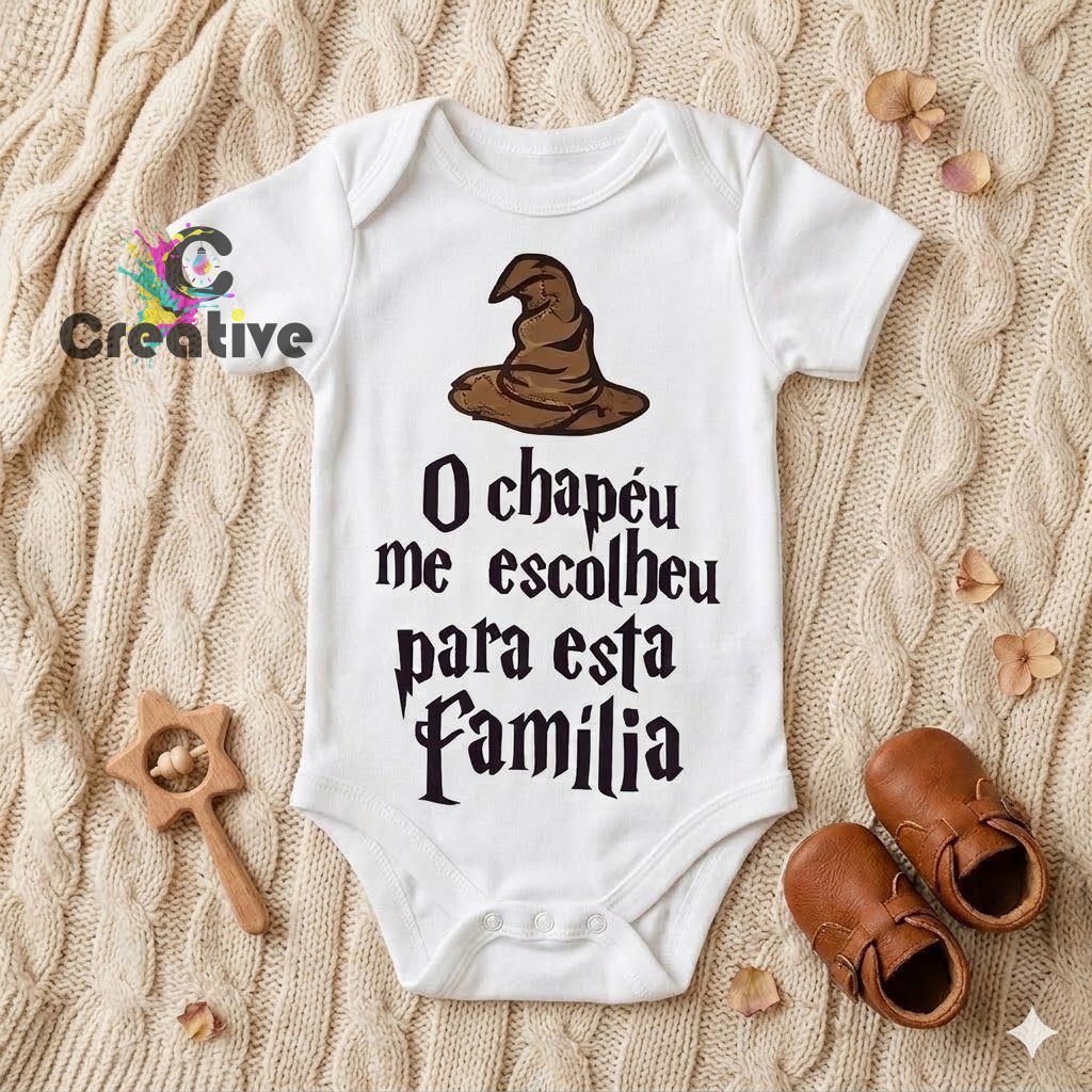Roupa Body Bebê bebe infantil O Chapéu Me Escolheu para esta família hogwarts grifinória sonserina lufa lufa potter