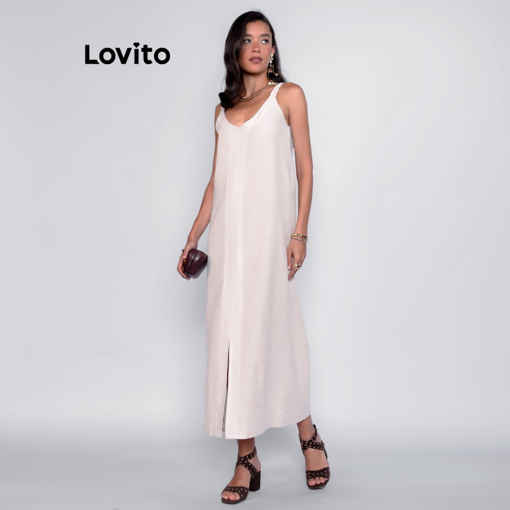Lovito Vestido Longo em Viscose e Linho com Detalhe Alça DRB1388BRL1418 em Oferta na Shopee