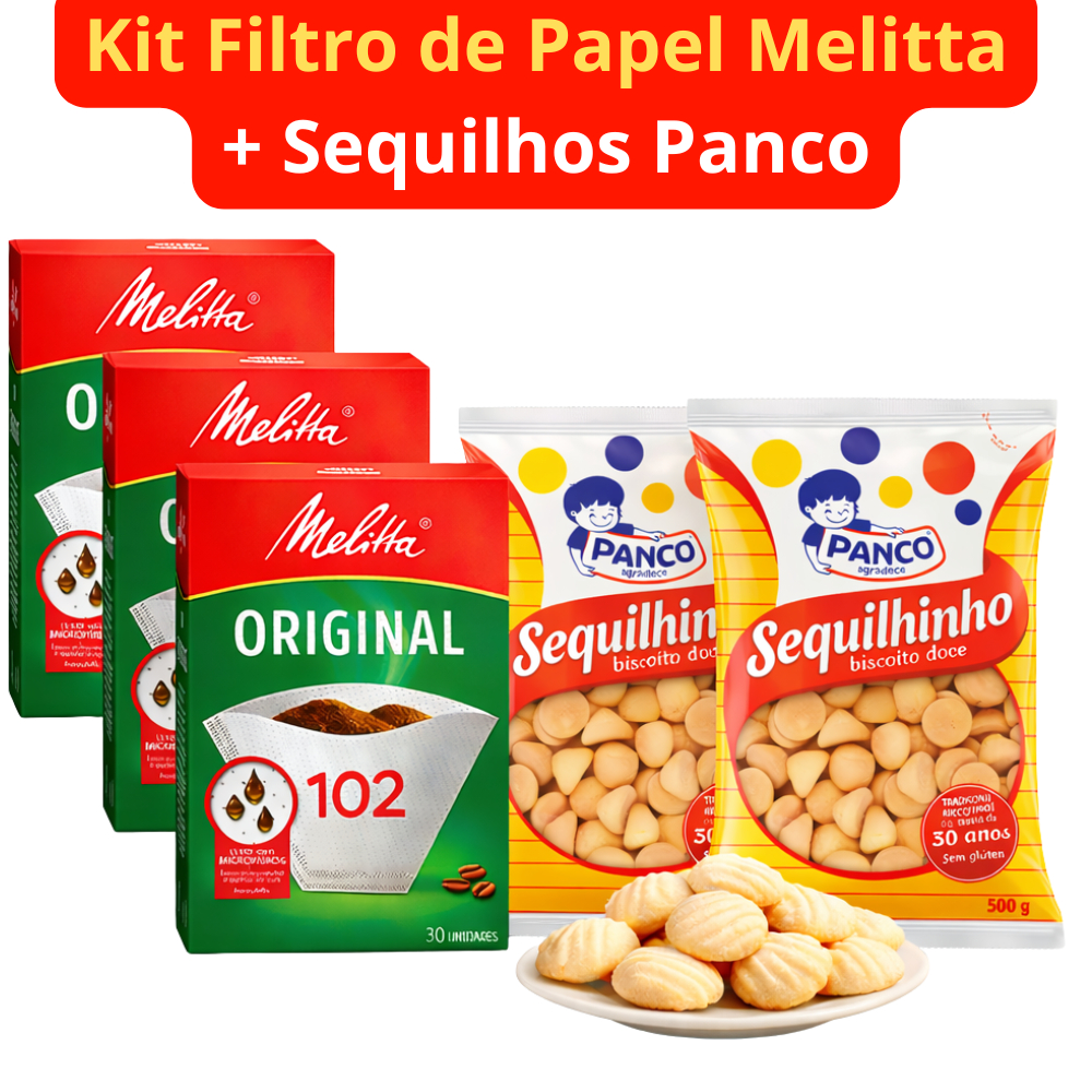 Kit Café Completo 3 Filtro de Papel Melitta 102 + 2 Pacotes Sequilhos Panco 500g