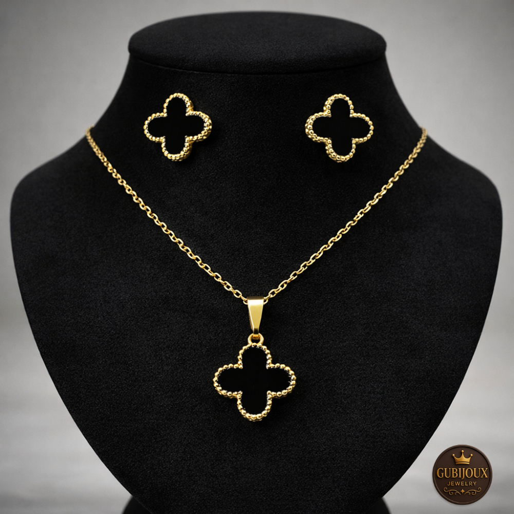 Conjunto Colar Brinco Trevo Folheado a Ouro18k.