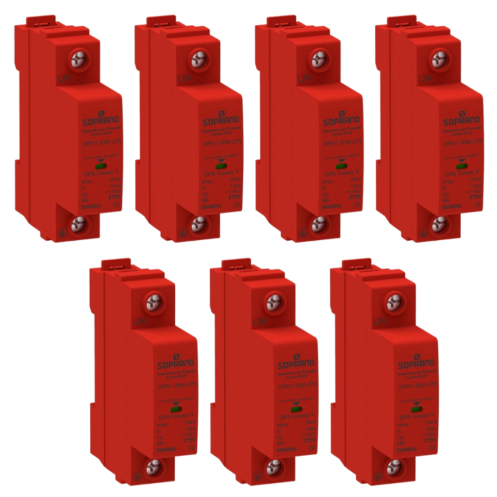 Kit 7 Dispositivo Protetor Contra Surtos Anti Raio Dps Monobloco 1P 15-30KA 275VAC - DPS1-30M-275