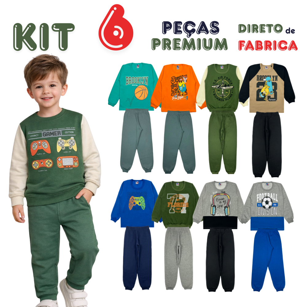 Kit 6 peças Infantil Menino Inverno Moletom Felpado 3 Conjuntos Roupa Infantil Tam 4 6 8 10