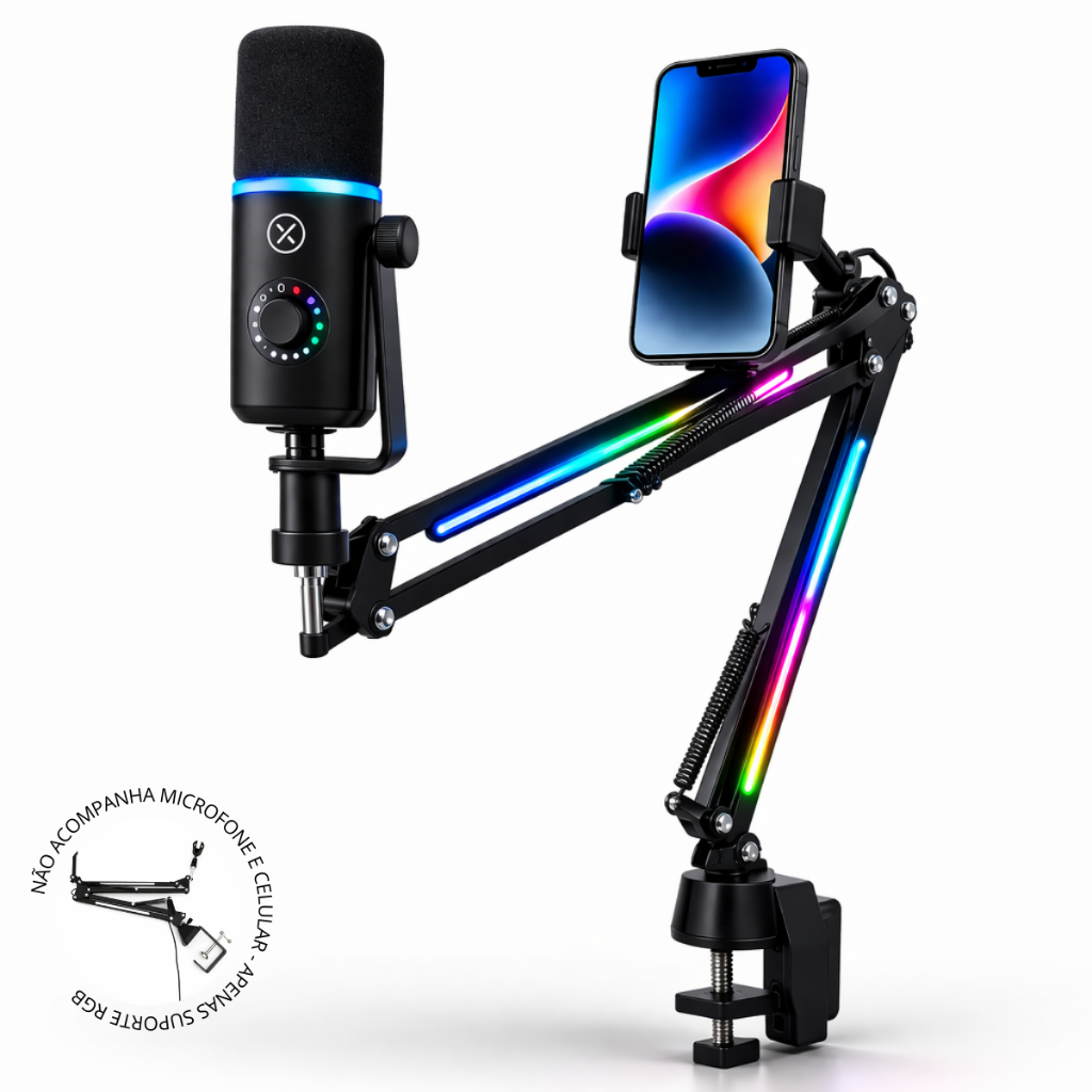 Suporte Microfone Mesa RGB Braço Articulado Streaming Podcast Suporte Celular HyperX Fifine Gamer em Oferta na Shopee