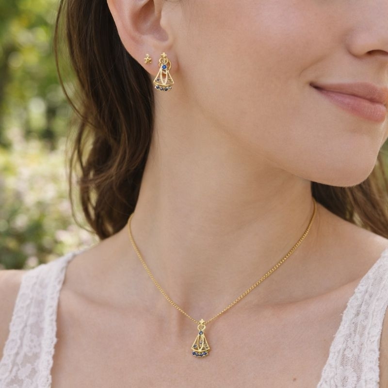 Colar Nossa Senhora Aparecida - Brincos e Colar Banhado em Ouro 18k