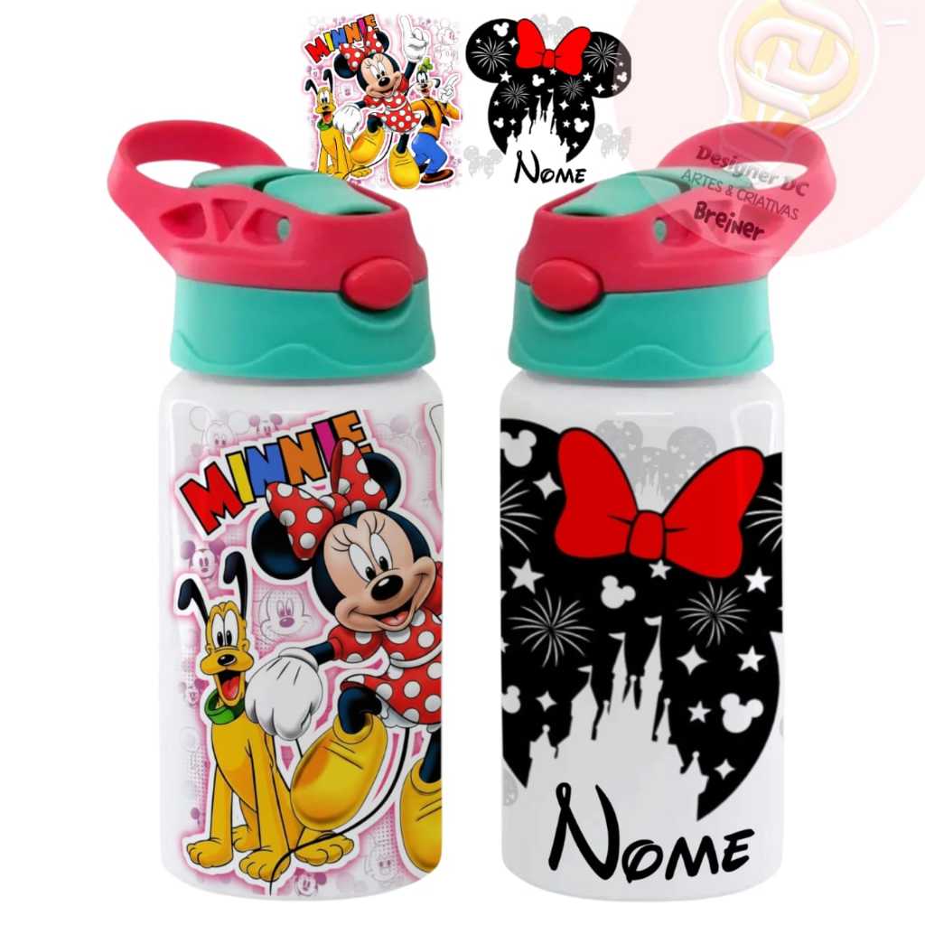 Squeeze Garrafa Minnie ou Mickey Pluto Personalizado Nome Escola Água Álumínio Térmica Lançamento Linda