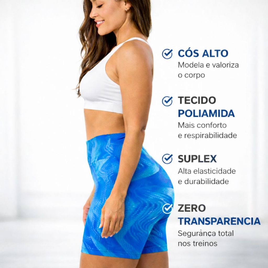 Short Academia Feminino Cintura Alta Compressão Não Transparente Fitness Poliamida Premium