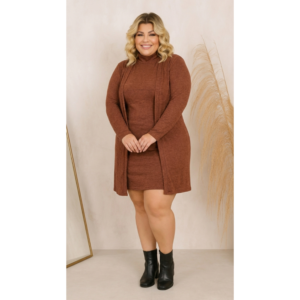 Conjunto Vestido Regata + Cardigan Lanzinha Plus Size Tecido Leve Confortável e Versátil para Todas as Estações