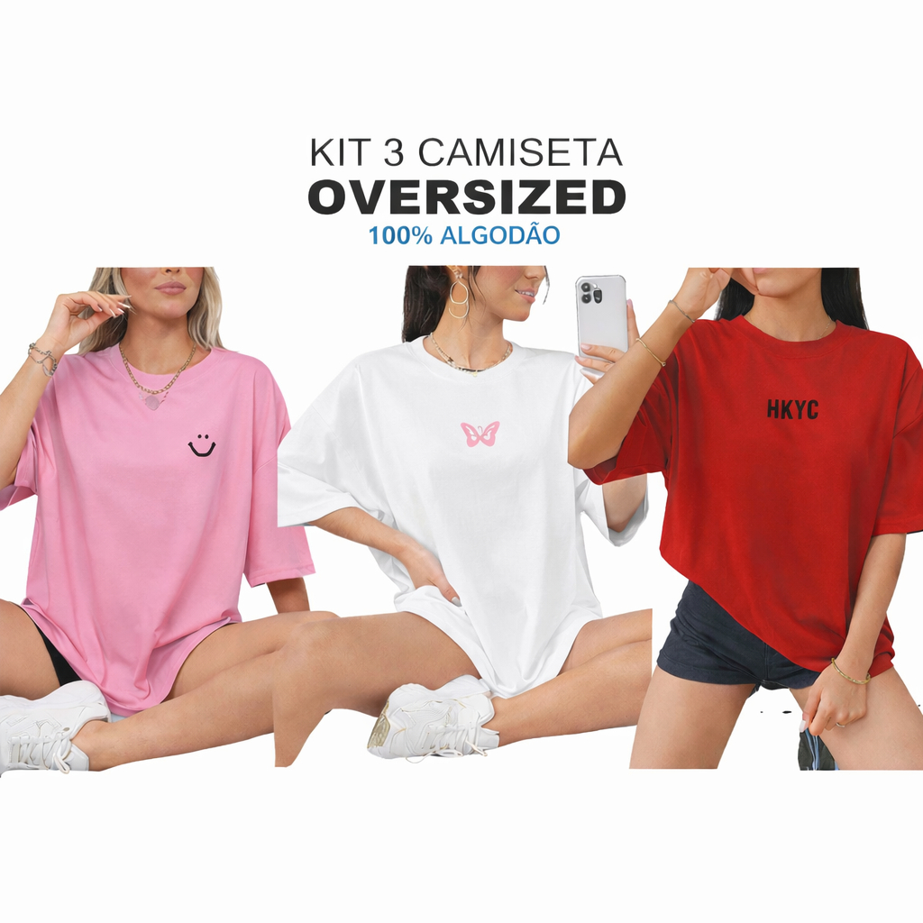 Kit 3 Camisetas Feminina Oversized 100% Algodão T-Shirt Streetwear Casual Estilosa Blogueira Premium