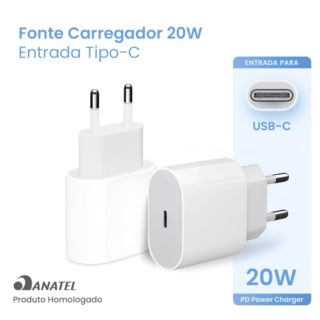 Carregador Homologado 20W USB-C Rápido p/ iPhone 8 ao 14 Pro Max em Oferta na Shopee
