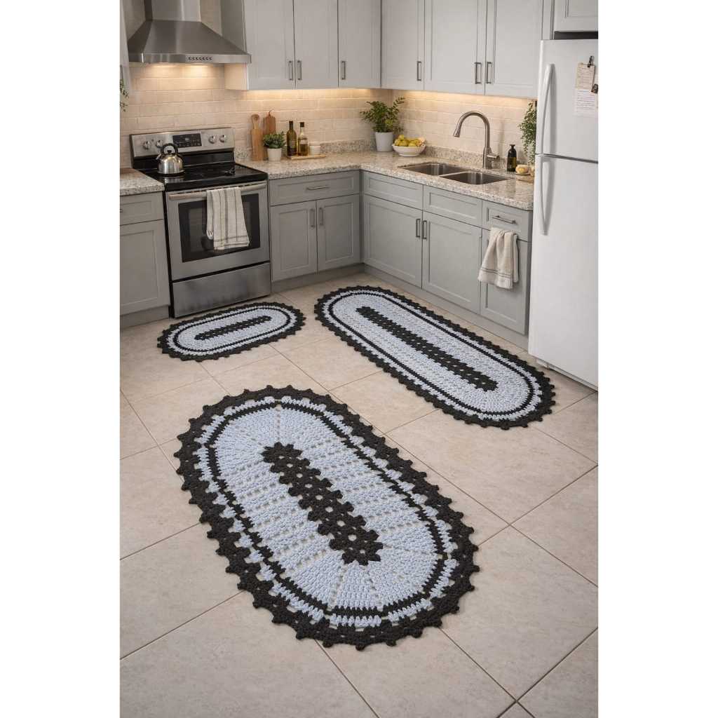 Jogo de Tapete para Cozinha 3 Peças em Crochê com Passadeira Antiderrapante Lavável Branco e Marrom