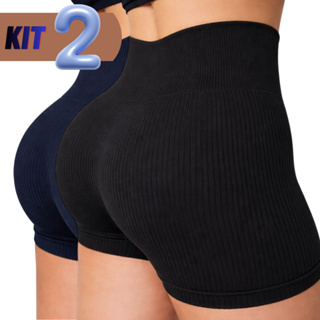 Kit 1/2/3 Short Academia Feminino Cintura Alta Tecido Canelado Secagem Rápida Zero Transparência em Oferta na Shopee