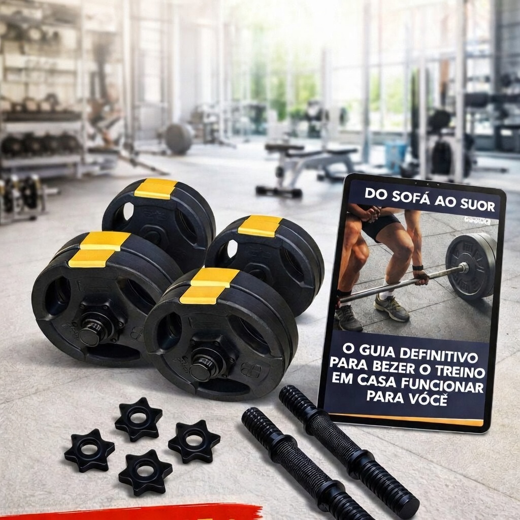 Kit Halteres  Musculação Barras e Anilhas Treino Musculação Peso Ajustável com Barra + Ebook