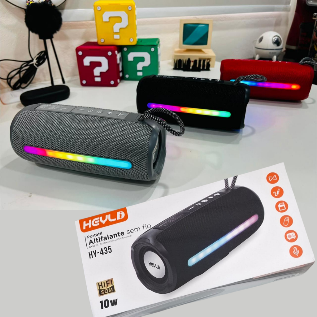 Caixa de Som Bluetooth Portátil 10W Heyli HY-435 LED RGB Bass Extra TWS USB Cartão FM