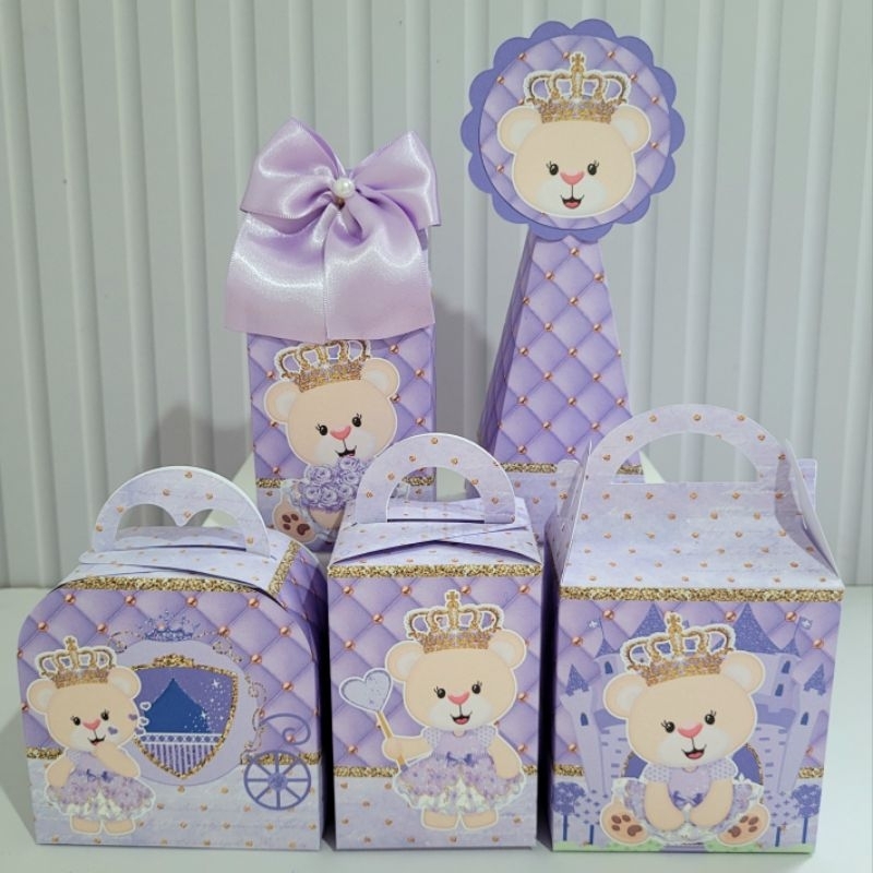 Personalizados Ursinha Realeza Lilás Menino Desmontada Caixinha Lembrancinha Kit Festa Luxo Ursa Princesa Chá de Bebe