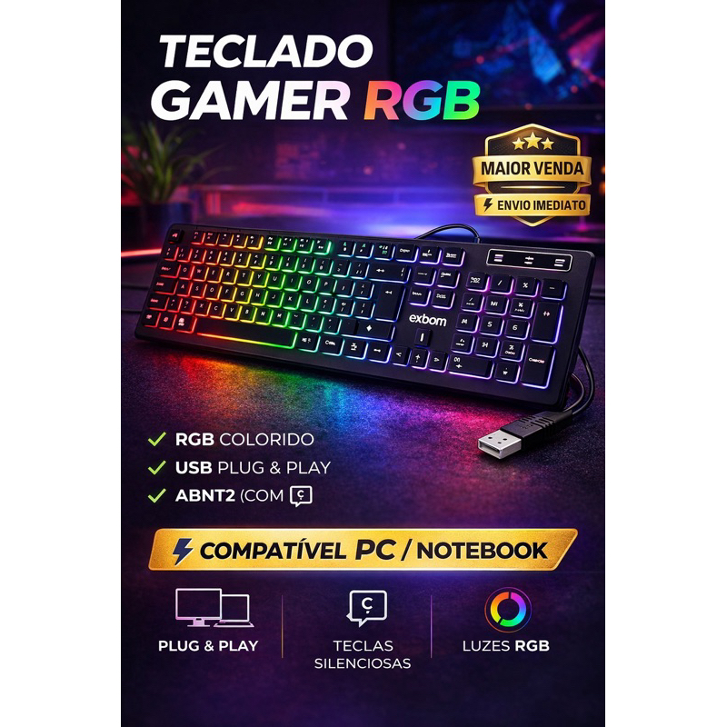Teclado Gamer RGB USB ABNT2 LED Multimídia Teclas Silenciosas Plug & Play Para PC Notebook