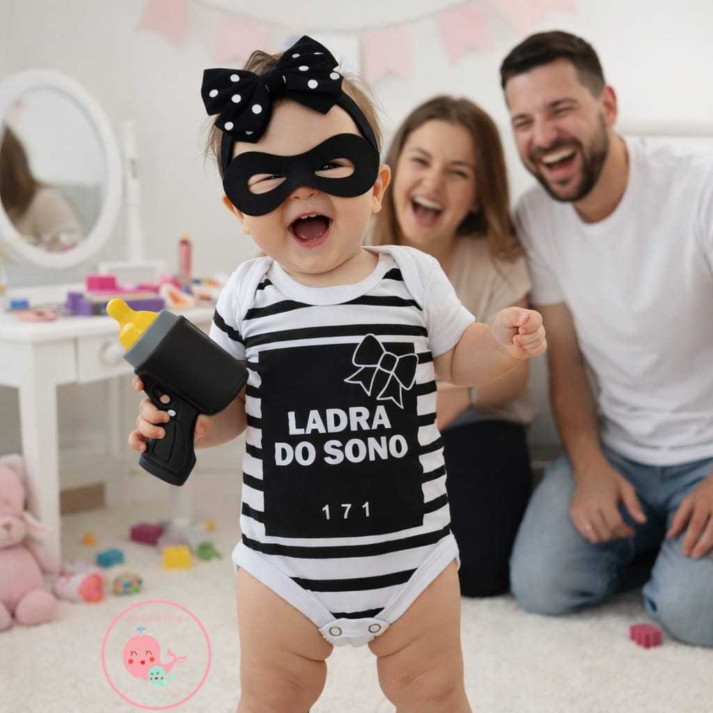Kit Body Bebê Ladra de Sono 171 Menina Body Listrado Laço Máscara Mamadeira Mesversário Fantasia Bebê