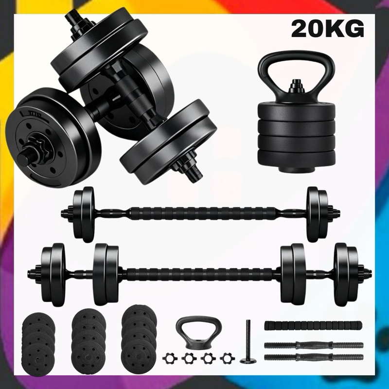 Kit 20kg – Halteres, Anilhas, Barras e kettlebell Ajustáveis – Treino em Casa Musculação