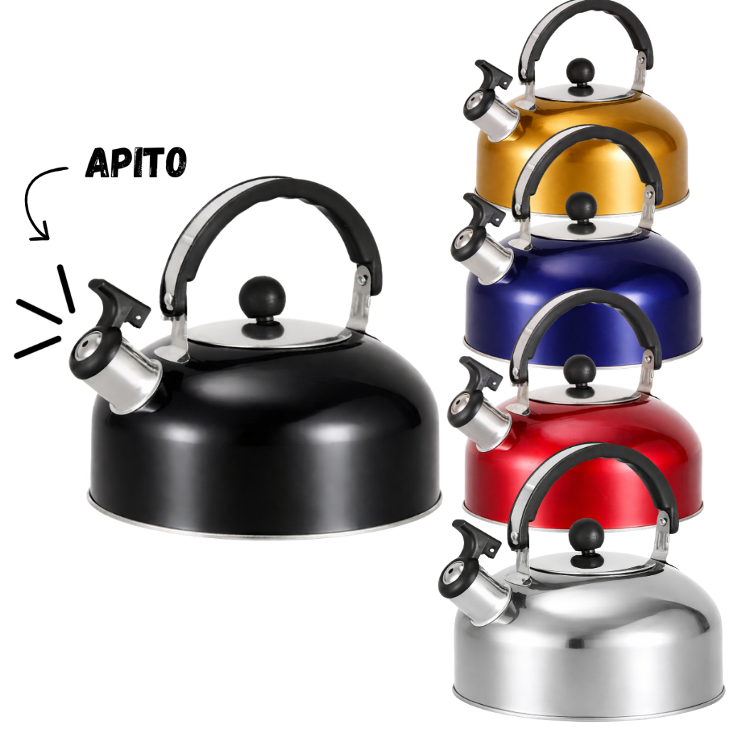 Chaleira de Inox 2 Litros com Apito Alça Térmica 5 Cores em Oferta na Shopee