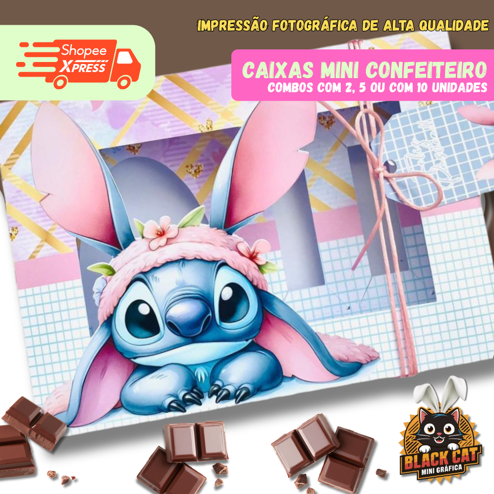 CAIXAS MINI CONFEITEIRO PÁSCOA 18X13X4CM CAIXA COM ACETATO E BERÇO PARA OVO 150G LILO E STITCH E ANGEL em Oferta na Shopee