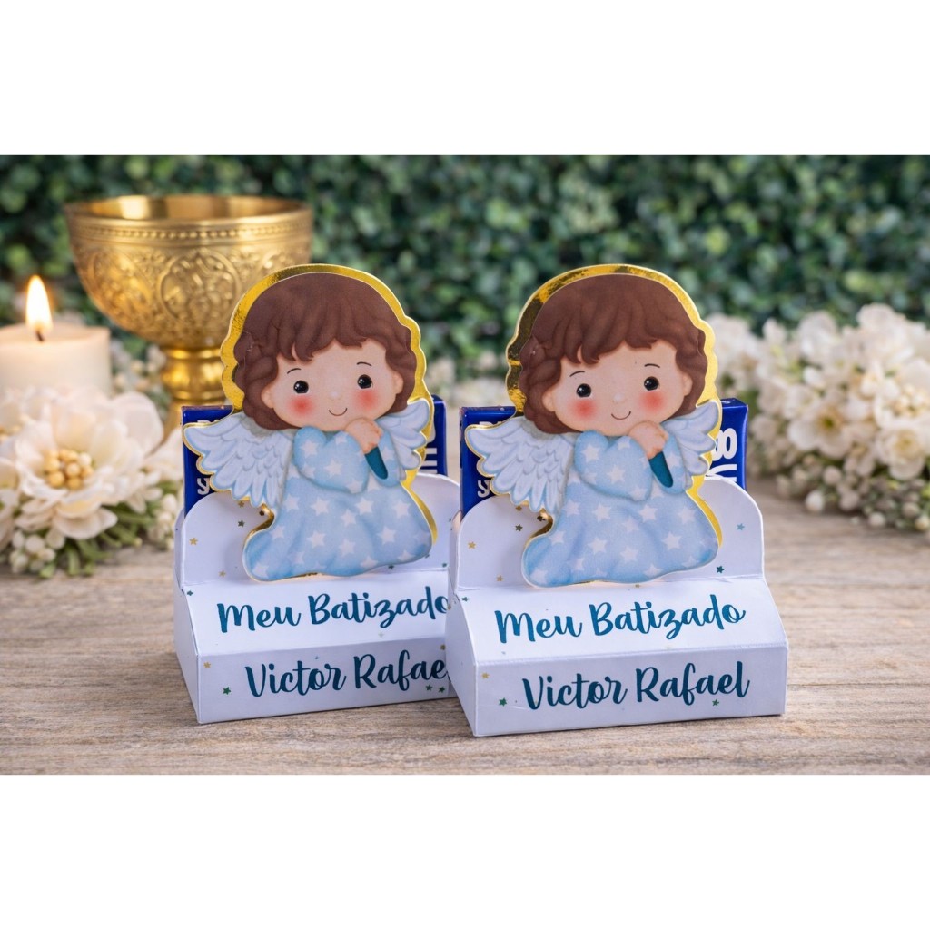 PORTA BIS DUPLO 12 UND LEMBRANCINHA INFANTIL PEGUE E MONTE BATIZADO MENINO - APLIQUE DUPLO