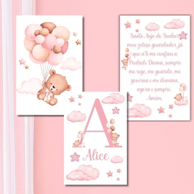 Kit 3 Quadro Decorativo Ursinha Baloeira Rosa Oração Santo Anjo Personalizado Quarto Menina Infantil