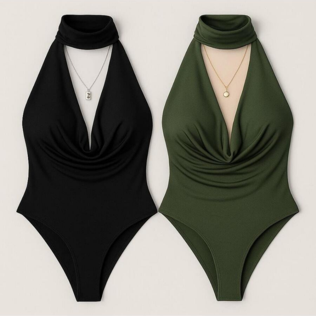 Kit 2 Body Feminino Costa Nua Gola Alta e Decote Profundo.