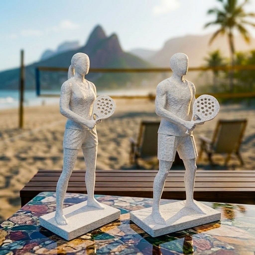 Estátua Escultura Mulher Homem casal Jogador Padel Tênis Beach Tennis Esporte Atleta Moderno