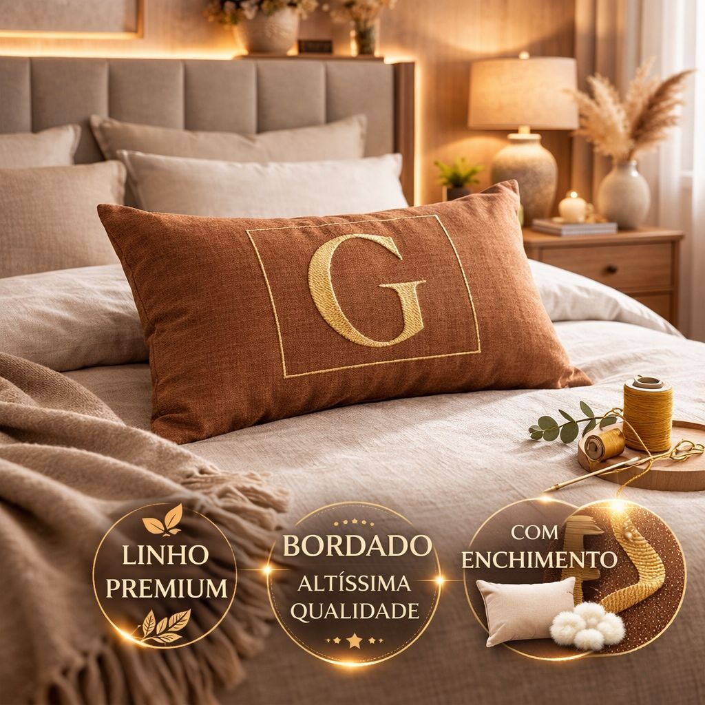 Almofada Baguete Personalizada Bordada 33x50 Linho Premium com Enchimento e Zíper
