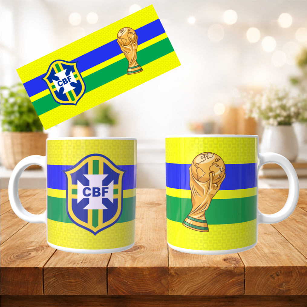 CANECA DE PORCELANA 325ML BRASIL COM TAÇA – CANECA, PORCELANA, PERSONALIZADO, COPA DO MUNDO, PRESENTE