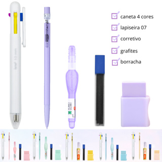 Kit Escolar Caneta 4 Cores, Lapiseira, Grafites, Corretivo e Borracha - Cores Pastel em Oferta na Shopee