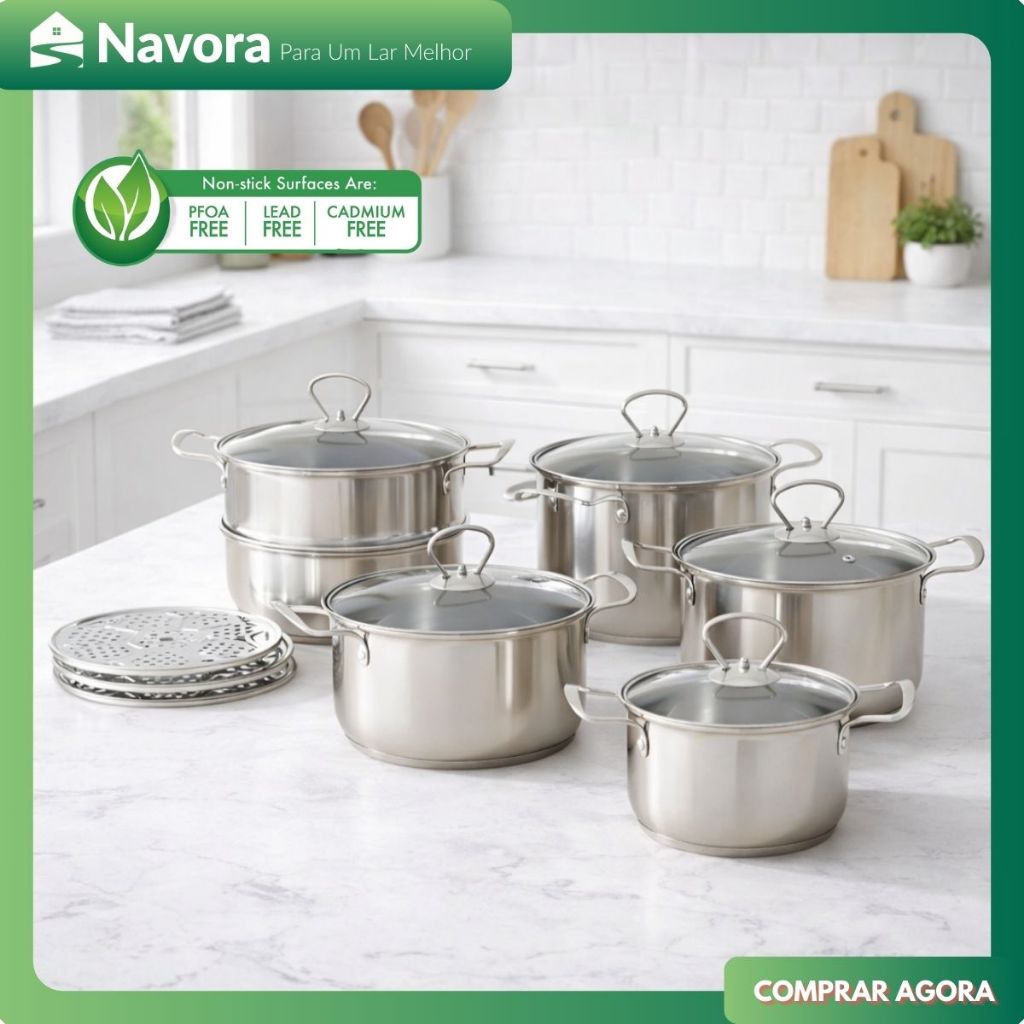 Jogo de Panelas 5 Peças Aço Inox com Tampa de Vidro Conjunto Kit Cozinha Restaurante