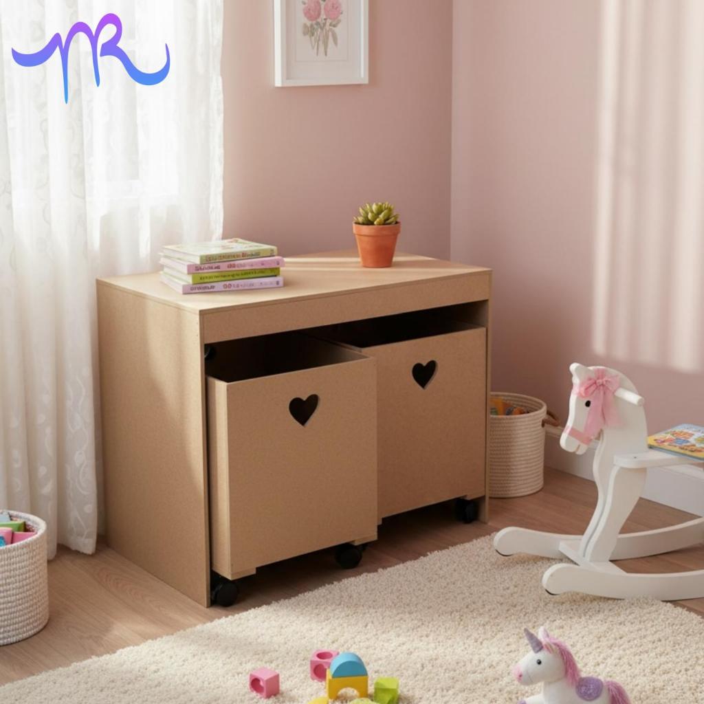 Organizador de Brinquedos Bancada Infantil 2 Gavetas Com Rodinhas em MDF Cru
