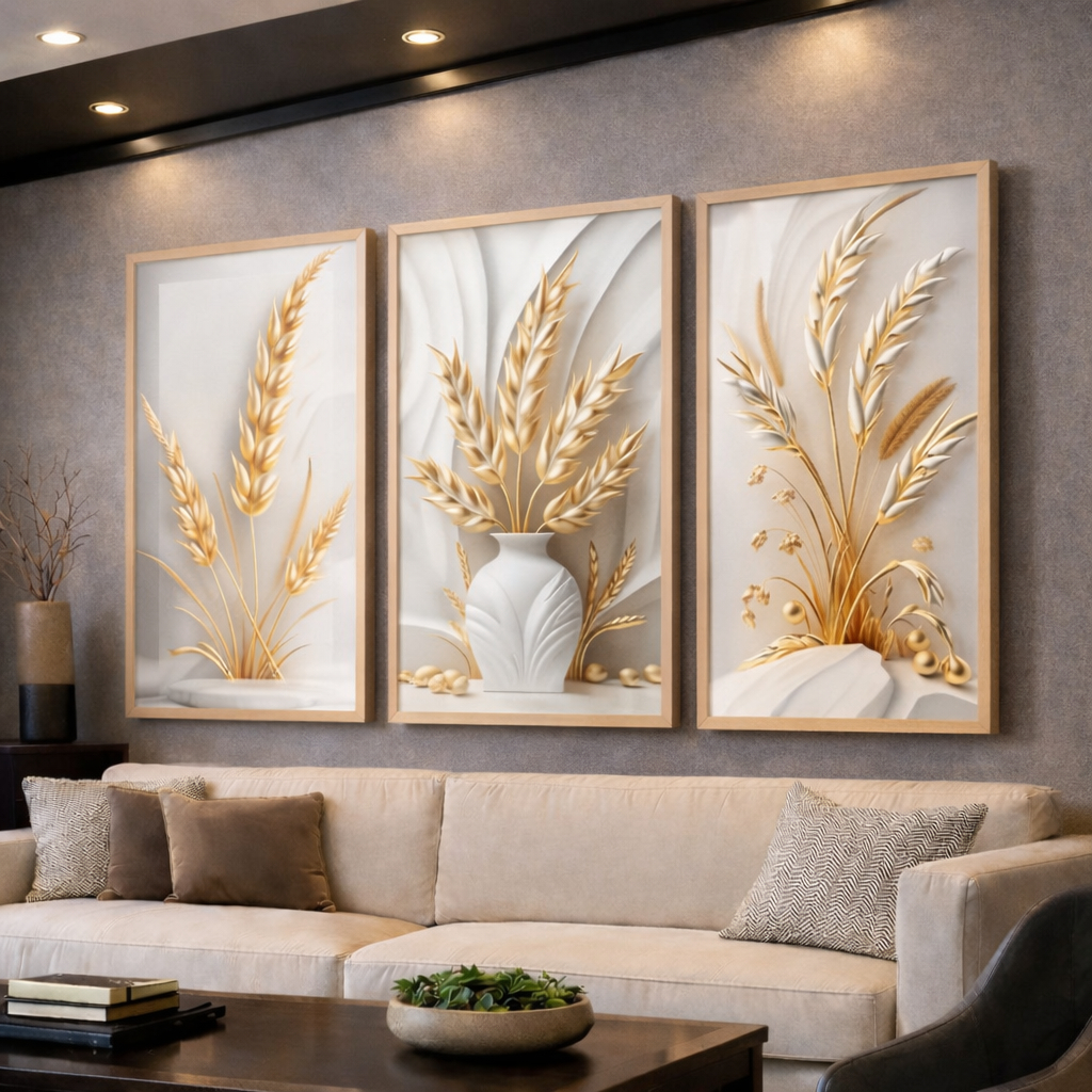 Kit 3 Quadros Decorativos Trigo Dourados Brancos Mosaico Sala Quarto Escritório