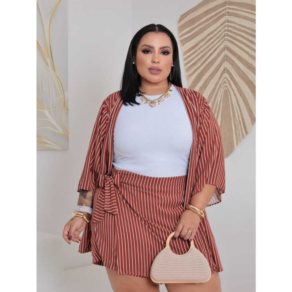 Conjunto Plus Size Feminino Kimono + Short Saia Listrado Moda Elegante Casual Tendência Confortável