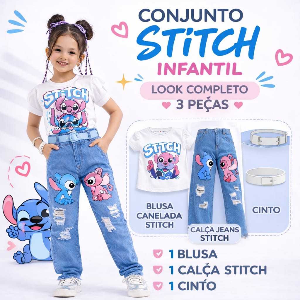 Conjunto Stitch Infantil Feminino 3 Peças Calça Jeans Blogueirinha + Blusa Stitch + Cinto em Oferta na Shopee